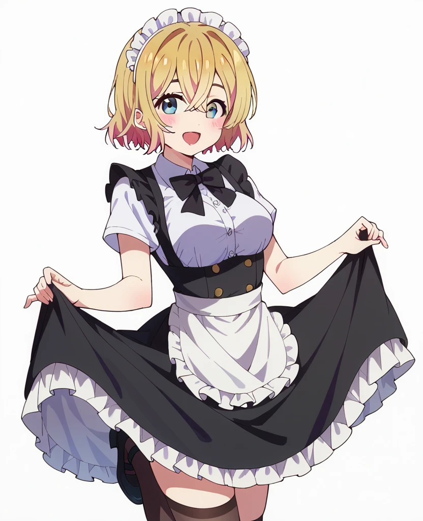 mami nanami, 1girl, solo, blonde hair, frilled white maid headdress, hair between eyes, short hair, blue eyes, blush, open mouth, smile, black bowtie, bare arms, breasts, frills, frilled white dress shirt, short sleeves, frilled black maid uniform, frilled black waist apron, white miniskirt, skirt lift, black thighhighs, looking at viewer, standing, standing on one leg, simple background, white background, cowboy shot, 