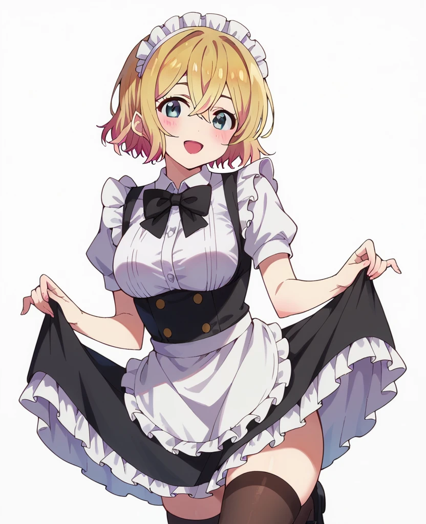 mami nanami, 1girl, solo, blonde hair, frilled white maid headdress, hair between eyes, short hair, blue eyes, blush, open mouth, smile, black bowtie, bare arms, breasts, frills, frilled white dress shirt, short sleeves, frilled black maid uniform, frilled black waist apron, white miniskirt, skirt lift, black thighhighs, looking at viewer, standing, standing on one leg, simple background, white background, cowboy shot, 