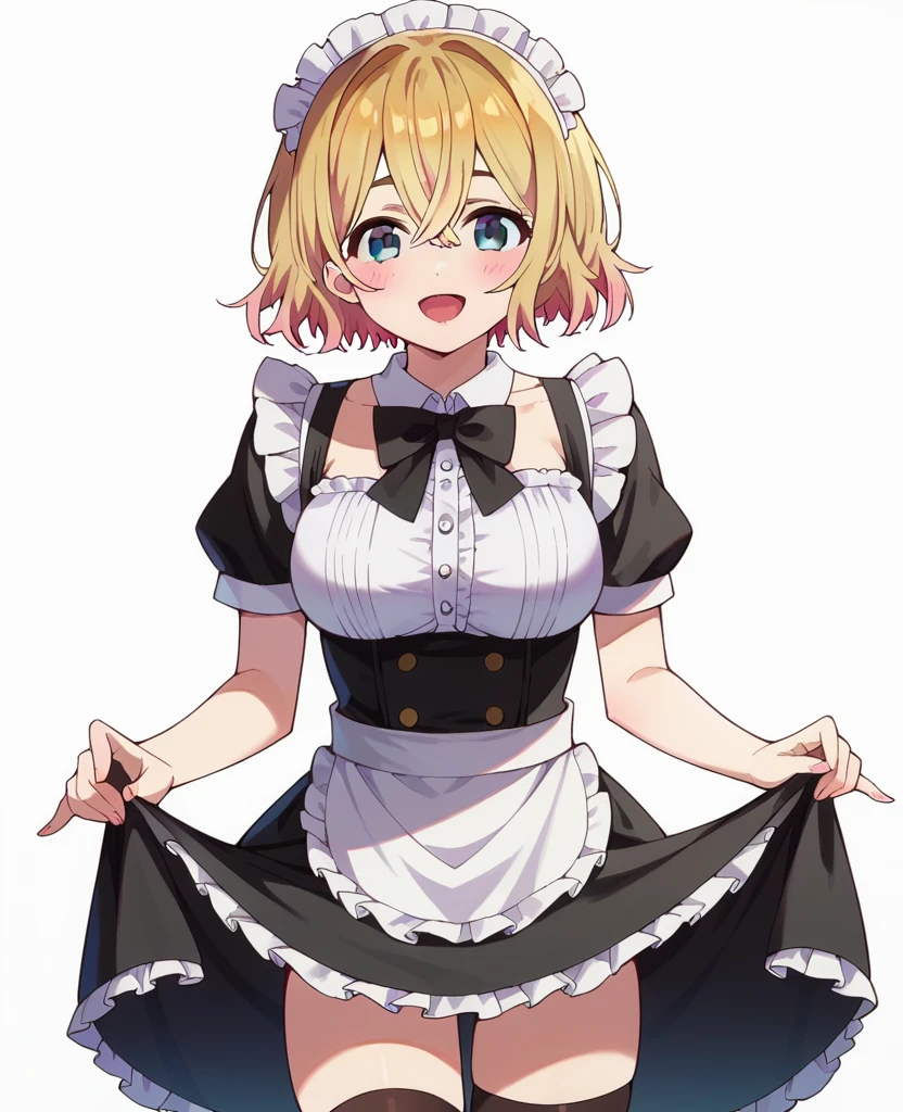 mami nanami, 1girl, solo, blonde hair, frilled white maid headdress, hair between eyes, short hair, blue eyes, blush, open mouth, smile, black bowtie, bare arms, breasts, frills, frilled white dress shirt, short sleeves, frilled black maid uniform, frilled black waist apron, white miniskirt, skirt lift, black thighhighs, looking at viewer, standing, standing on one leg, simple background, white background, cowboy shot, 