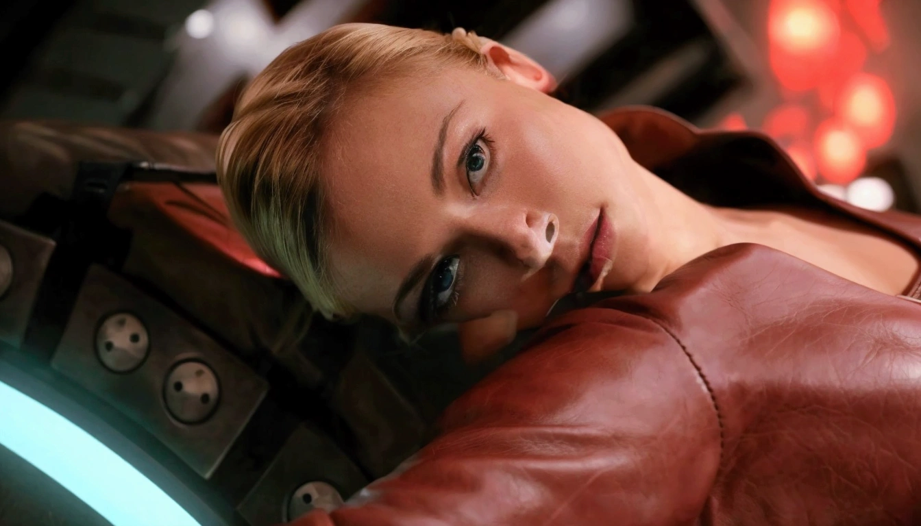 Blonde woman in leather jacket leaning against a wall with a neon light, Kristanna Loken, fatalidad cara hermosa,