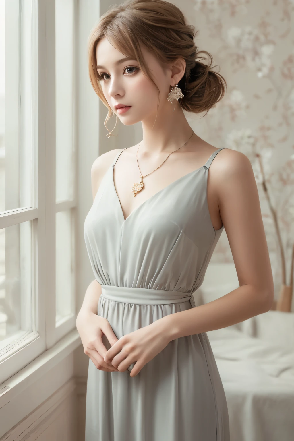 gorgeous silk dresses, Long dress, Ultra-realistic pantyhose:1.3, (((Very elegant and beautiful, Perfect detail, Very detailed))), whole body, The most detailed girl, Written boundary depth, Beautifully detailed whole body, Thin legs, 1 girl, 30 years old, Very short hair, Spiked Hair, Gray and silver hair, Beautiful detailed hair, Perfect Face, Expressionless, Beautiful, detailed, deep eyes, Please open your mouth a little, Delicate arms and hands, Pale skin, Earrings, Beautiful and gorgeous necklace, Colorful background, HD background, Blurred Background, Very delicate and beautiful, masterpiece, (((Highest quality, Very beautiful 8K CG wallpaper))), (((Trendy hairstyles))), (Inside the room,Stylish interior,window),