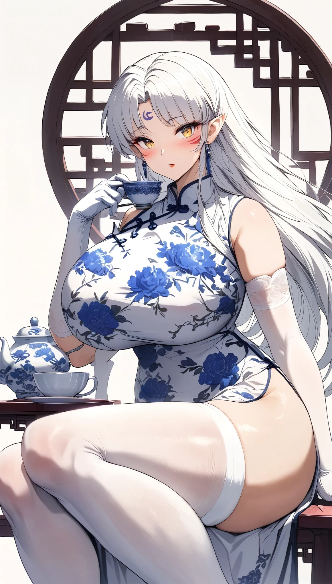 (from side:1.3),side view,masterpiece,best quality,extremely detailed,full body,1girl,Sesshoumaru,sesshoumaru,mature female,detailed beautiful eyes,(scornful eyes),yellow eyes,parted bangs,pointy ears,white hair,very long hair,red facial mark,forehead mark,alternate costume,arm at side,blush,breasts,china dress,chinese clothes,curvy,dress,elbow gloves,bare shoulder,floral print,gloves,(blue and white porcelain gorgeous qipao,blue and white china dress,blue and white chinese clothes,blue and white dress),a china cup,hand up,gigantic breasts,hip vent,holding a china cup,print dress,indoors,(teahouse),holding,red lips,looking at viewer,parted bangs,sleeveless,solo,thick thighs,upturned eyes,5 toes,white thighhighs,wide hips,solo,sitting,leg lift,thick thighs,upturned eyes,white thighhighs,wide hips,