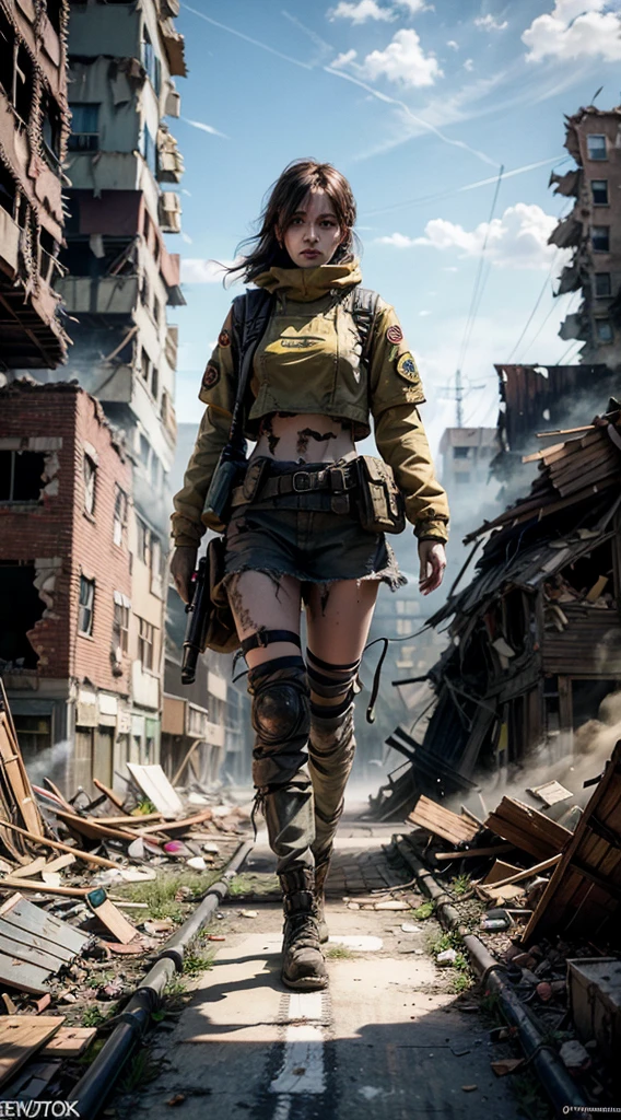 masterpiece, best quality, high resolution, rich details, 8k, extreme light and shadow, image of a beautiful young woman wearing yellow tactical gear, dirty and dusty , walking down a desolated street in a collapsed city, post apocalypse, smoke and fog in the air, BREAK yellow gray sky covered with toxic cloud, collapsed building, broken street, tall body, detailed face, detailed eye, cold face, dirty, (post apocalypse theme),
