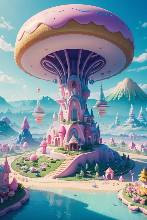 a beautiful young girl, fantasy donut world, giant donuts as houses, donut trees, donut mountains, pastel colors, dreamy, ethereal, whimsical, cute, adorable, high quality, 8k, intricate details, magical, photorealistic, volumetric lighting, ambient occlusion, vibrant colors, soft focus, delicate, imaginative, surreal, fantasy landscape, cute and whimsical aesthetic, masterpiece, best quality