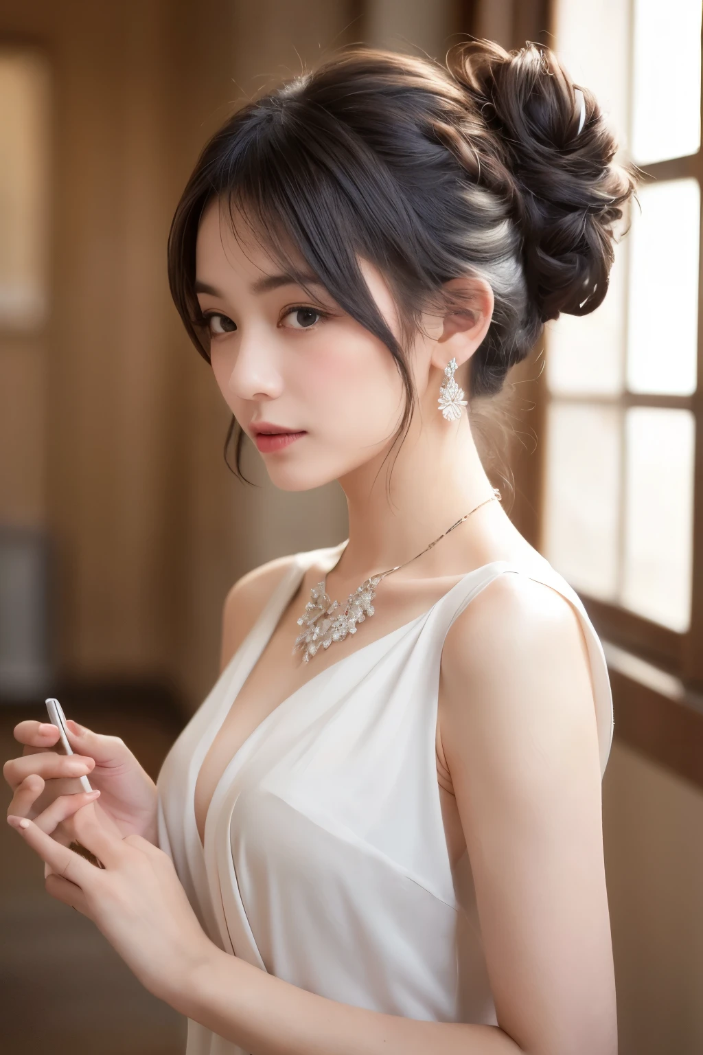 gorgeous silk dresses, Long dress, (Ultra-realistic pantyhose:1.3,) Skirt and shins, whole bodyショット, (((Very elegant and beautiful, Perfect detail, Very detailed))), whole body, The most detailed girl, Written boundary depth, Beautifully detailed whole body, Thin legs, 1 girl, 30 years old, Very short hair, Spiked Hair, (Gray and silver hair), Beautiful detailed hair, Perfect Face, Expressionless, Beautiful, detailed, deep eyes, Please open your mouth a little, Delicate arms and hands, Pale skin, Earrings, Beautiful and gorgeous necklace, Colorful background, HD background, Blurred Background, Very delicate and beautiful, masterpiece, (((Highest quality, Very beautiful 8K CG wallpaper))), (((Trendy hairstyles))), (Inside the room,Stylish interior,window),