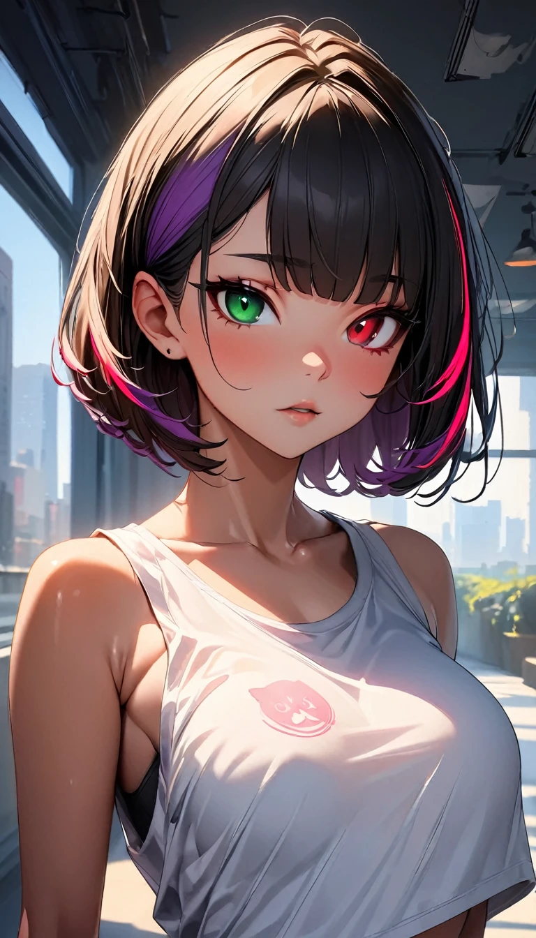 (highest quality:1.2, Very detailed, up to date, Vibrant, Ultra-high resolution, High Contrast, masterpiece:1.2, highest quality, Best aesthetics), Portraiture、girl、solo, (25-years-old:1), (slim:1), heterrochromia, green eye, red eye, Bright color, (Cat ears), tank top, tiger pattern, short pants, (cat pose:1), Beautiful fine details、Beautiful lip detail、extra short hair, ((bob cut:1.5))、pink and purple, ((streaked hair:1.9)), (highlights hair: 1.6), (medium breast:0.5), (tan skin:0.5), cat cafe, many cats in background, cowboy shot:1.3,