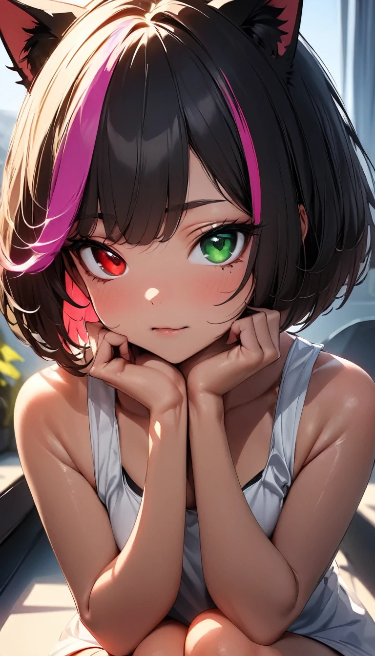 (highest quality:1.2, Very detailed, up to date, Vibrant, Ultra-high resolution, High Contrast, masterpiece:1.2, highest quality, Best aesthetics), Portraiture、girl、solo, (25-years-old:1), (slim:1), heterrochromia, green eye, red eye, Bright color, (Cat ears), tank top, tiger pattern, short pants, (cat pose:1), Beautiful fine details、Beautiful lip detail、extra short hair, ((bob cut:1.5))、pink and purple, ((streaked hair:1.9)), (highlights hair: 1.6), (medium breast:0.5), (tan skin:0.5), cat cafe, many cats in background, cowboy shot:1.3,