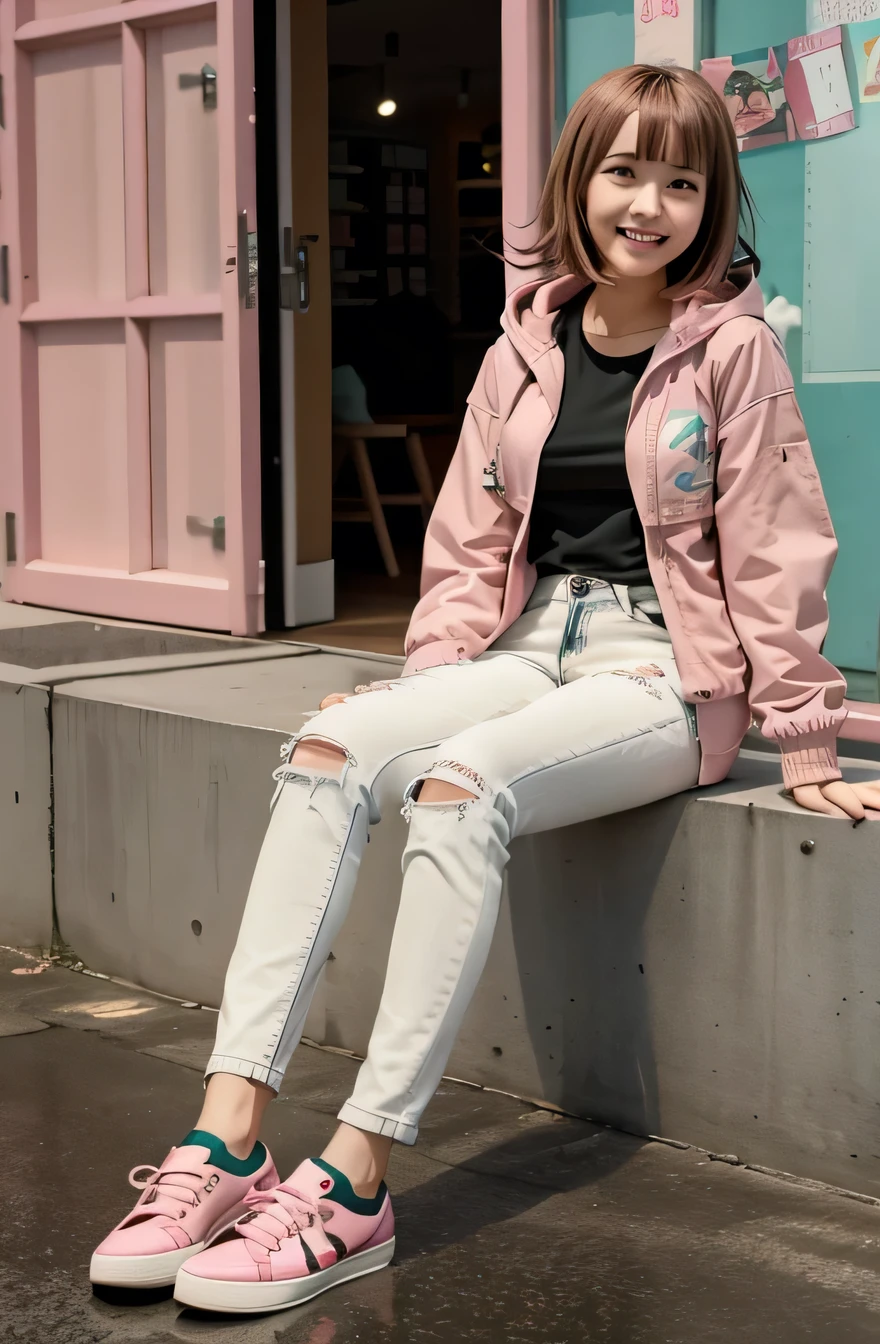 Chiaki Nanami in casual clothes at the shopping mall, Pink Short Hair, Pink Eyes, fringe, Teal hooded jacket, smile、Looking into the camera, 20-year-old girl, , Olive green blouse, Skinny jeans、sneakers、,chiaki nanami, Nanami Chiaki