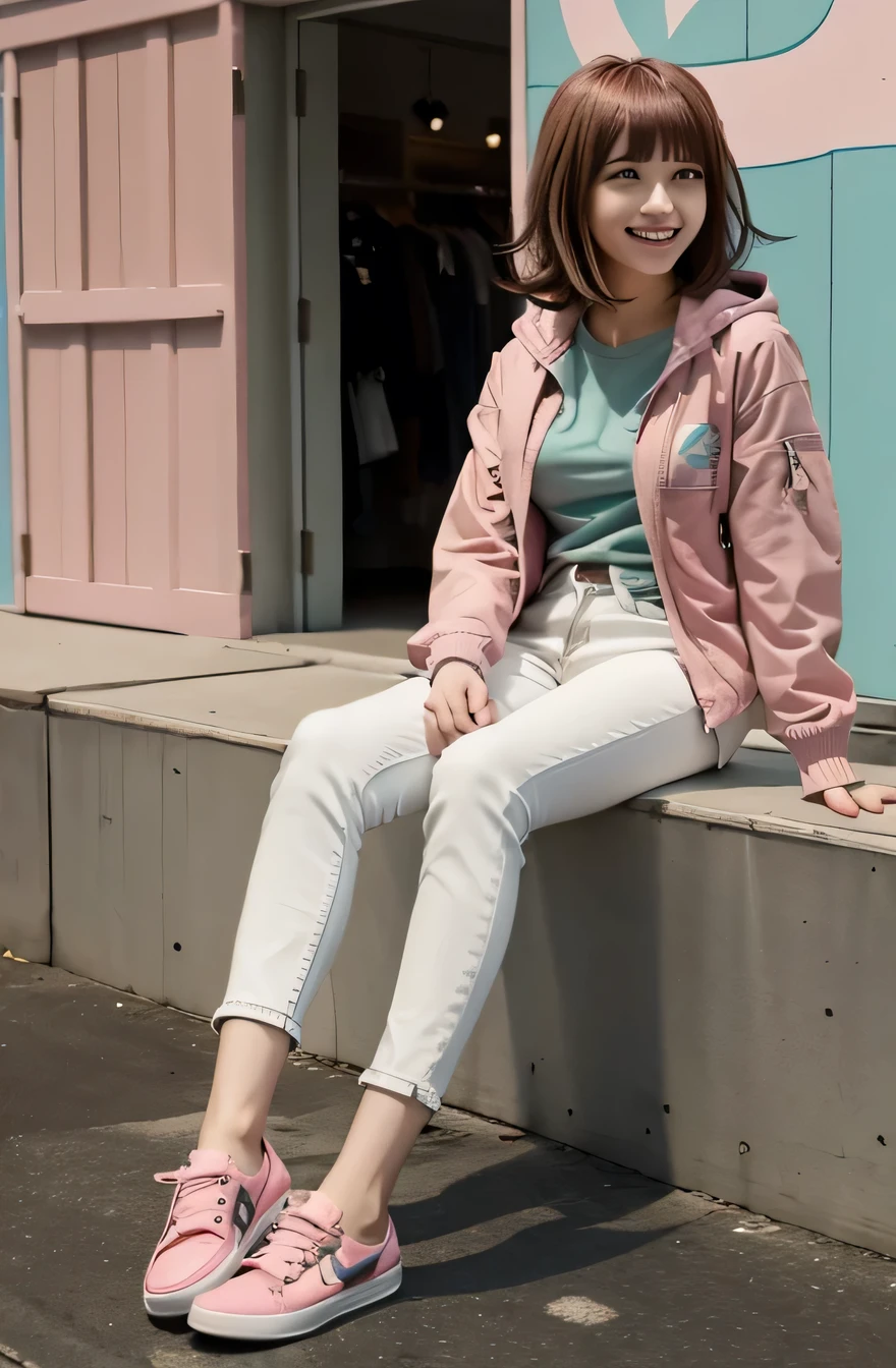 Chiaki Nanami in casual clothes at the shopping mall, Pink Short Hair, Pink Eyes, fringe, Teal hooded jacket, smile、Looking into the camera, 20-year-old girl, , Olive green blouse, Skinny jeans、sneakers、,chiaki nanami, Nanami Chiaki