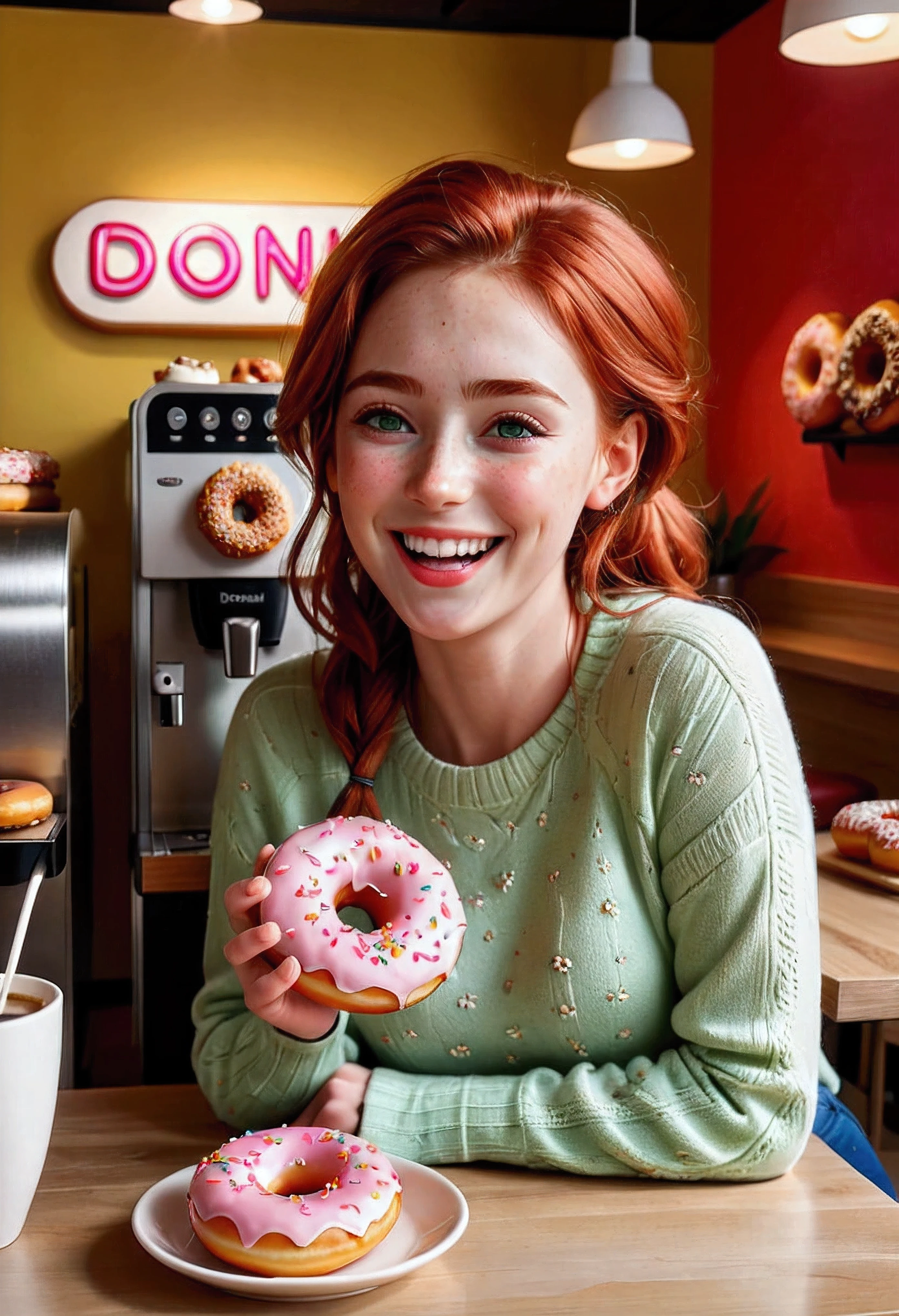 Create a stunning, ultra-high-definition image in 16K resolution that captures the cheerful and cozy atmosphere of a modern donut cafe with a realistic photo aesthetic. | Visualize a beautiful female with cute freckles and vibrant red hair, embodying both charm and joy. She has warm, expressive green eyes and a natural beauty that shines through her radiant smile. She is dressed in stylish casual attire, featuring a light sweater, jeans, and comfortable shoes. Her outfit should blend casual elements with subtle contemporary touches. | The scene is set in a bright and inviting cafe with a display of assorted donuts, a coffee machine, and comfortable seating. The walls are painted in warm, pastel colors, and the environment exudes a sense of relaxation and happiness. | Capture the woman in a dynamic yet relaxed pose, perhaps with one hand holding a coffee cup and the other resting on the table, as she laughs heartily. Her expression should convey pure joy and contentment, with a hint of playfulness. The camera angle should emphasize her full body, highlighting the details of her outfit and the bitten donut on the table. | The overall ambiance should integrate warm colors and rich details, creating a sense of depth and immersion in this delightful cafe setting. Ensure anatomical correctness, with a focus on ultra-detailed textures and high-quality rendering, capturing every nuance of the woman's appearance and her joyful surroundings. This masterpiece should embody the spirit of happiness and enjoyment, immersing viewers in its lifelike depiction. | Keywords: (beautiful laughing female:1.3), ((bitten donut):1.2), ((realistic photo)), ((cute freckles):1.2), ((modern donut cafe)),  ((joyful pose)).