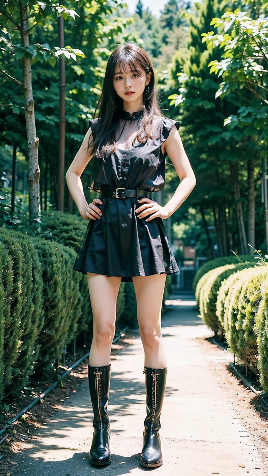 (8k、RAW Photos、Highest quality、masterpiece:1.2)、(Realistic、Realistic)、1 Girl、((Black see-through dress、belt、mini skirt、garden、Exposed Skin、whole body、boots、View from the front、Looking at the camera、Stand with hands on hips))、cute