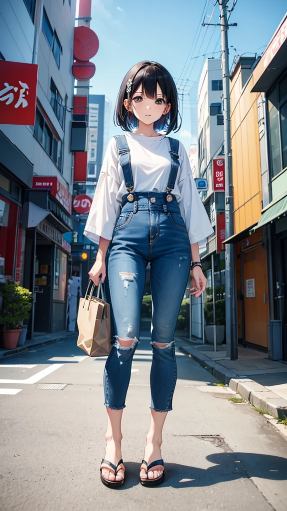 "In a modern Japanese city on a sunny day, a photograph captures a full-body shot of a woman. She is dressed in a stylish yet simple casual outfit, wearing a brightly colored top and jeans. The background features modern buildings and cityscape, with passersby appearing as slightly blurred silhouettes. The clear blue sky has a few wispy white clouds, creating an overall sense of cleanliness and vibrancy."