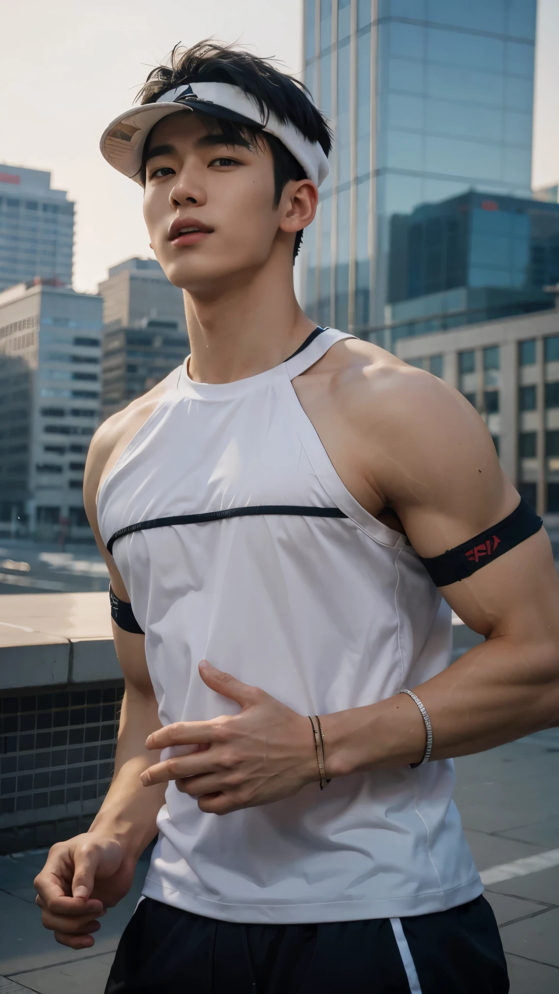 Korean men, Athlete physique, giggle, Muscle Man, Wearing sportswear,Muscular body, slim, On the streets of the city center with skyscrapers in the background,Full body shot, Tattooed hands臂, Tattooed hands, Thin body,Detailed body, Center