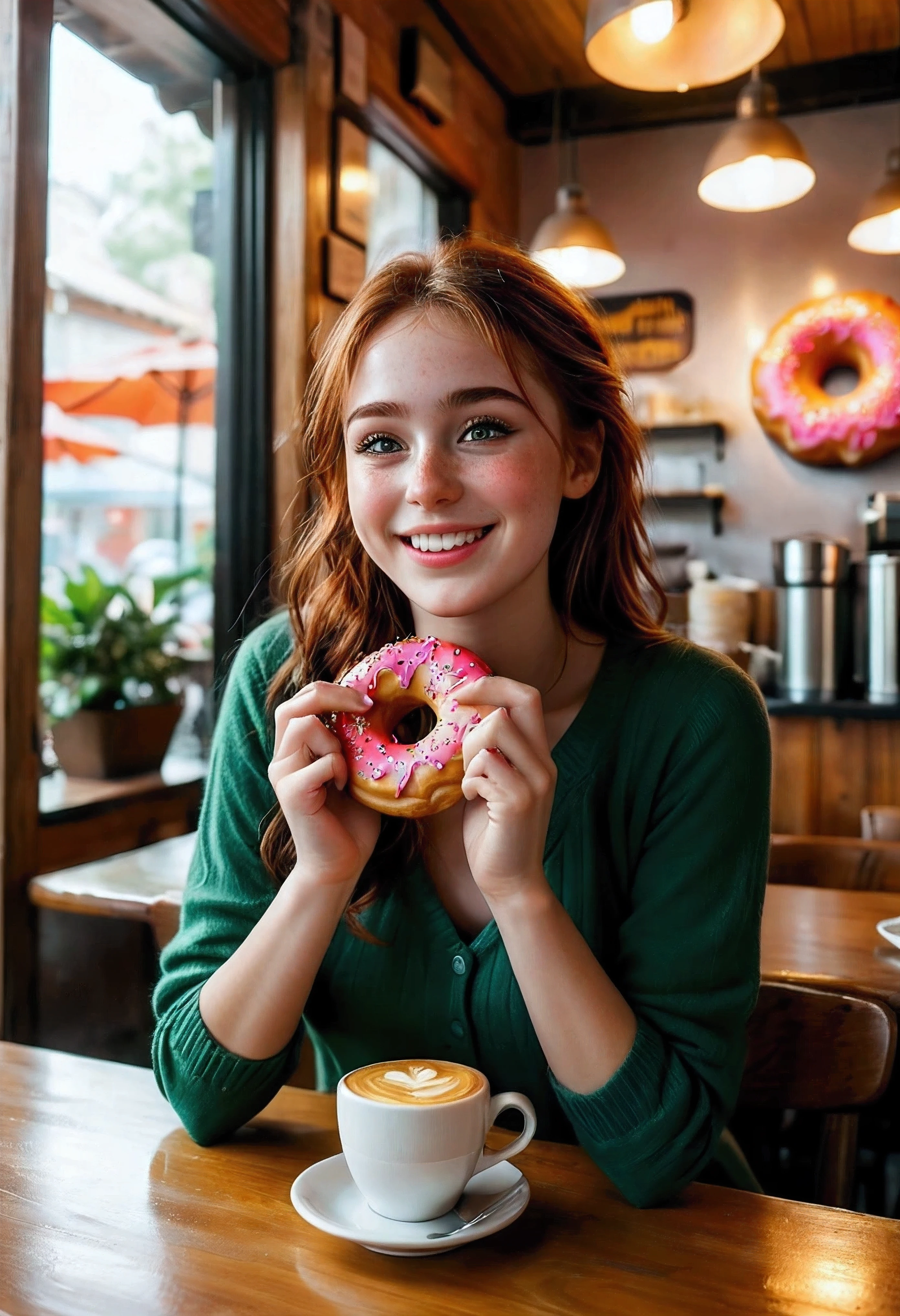 Create a stunning, ultra-high-definition image in 16K resolution that captures the cheerful and cozy atmosphere of a modern donut cafe with a realistic photo aesthetic. | Visualize a beautiful female with cute freckles and vibrant red hair, embodying both charm and joy. She has warm, expressive green eyes and a natural beauty that shines through her radiant smile. She is dressed in stylish casual attire, featuring a light sweater, jeans, and comfortable shoes. Her outfit should blend casual elements with subtle contemporary touches. | The scene is set in a bright and inviting cafe with a display of assorted donuts, a coffee machine, and comfortable seating. The walls are painted in warm, pastel colors, and the environment exudes a sense of relaxation and happiness. | Capture the woman in a dynamic yet relaxed pose, perhaps with one hand holding a coffee cup and the other resting on the table, as she laughs heartily. Her expression should convey pure joy and contentment, with a hint of playfulness. The camera angle should emphasize her full body, highlighting the details of her outfit and the bitten donut on the table. | The overall ambiance should integrate warm colors and rich details, creating a sense of depth and immersion in this delightful cafe setting. Ensure anatomical correctness, with a focus on ultra-detailed textures and high-quality rendering, capturing every nuance of the woman's appearance and her joyful surroundings. This masterpiece should embody the spirit of happiness and enjoyment, immersing viewers in its lifelike depiction. | Keywords: (beautiful laughing female:1.3), ((bitten donut):1.2), ((realistic photo)), ((cute freckles):1.2), ((modern donut cafe)),  ((joyful pose)).