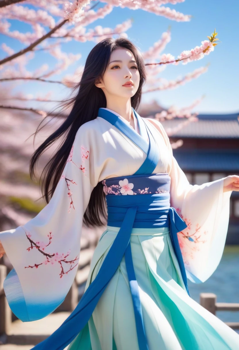 1 girl,black hair, flowing hair, Coast,sight,sight,Cherry Blossom, falling petals, sunlight,divine light,upper body, color,skirt,kimono