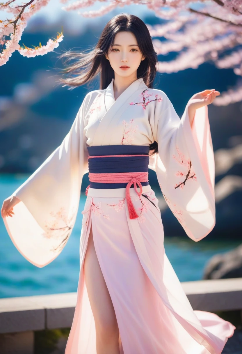 1 girl,black hair, flowing hair, Coast,sight,sight,Cherry Blossom, falling petals, sunlight,divine light,upper body, color,skirt,kimono
