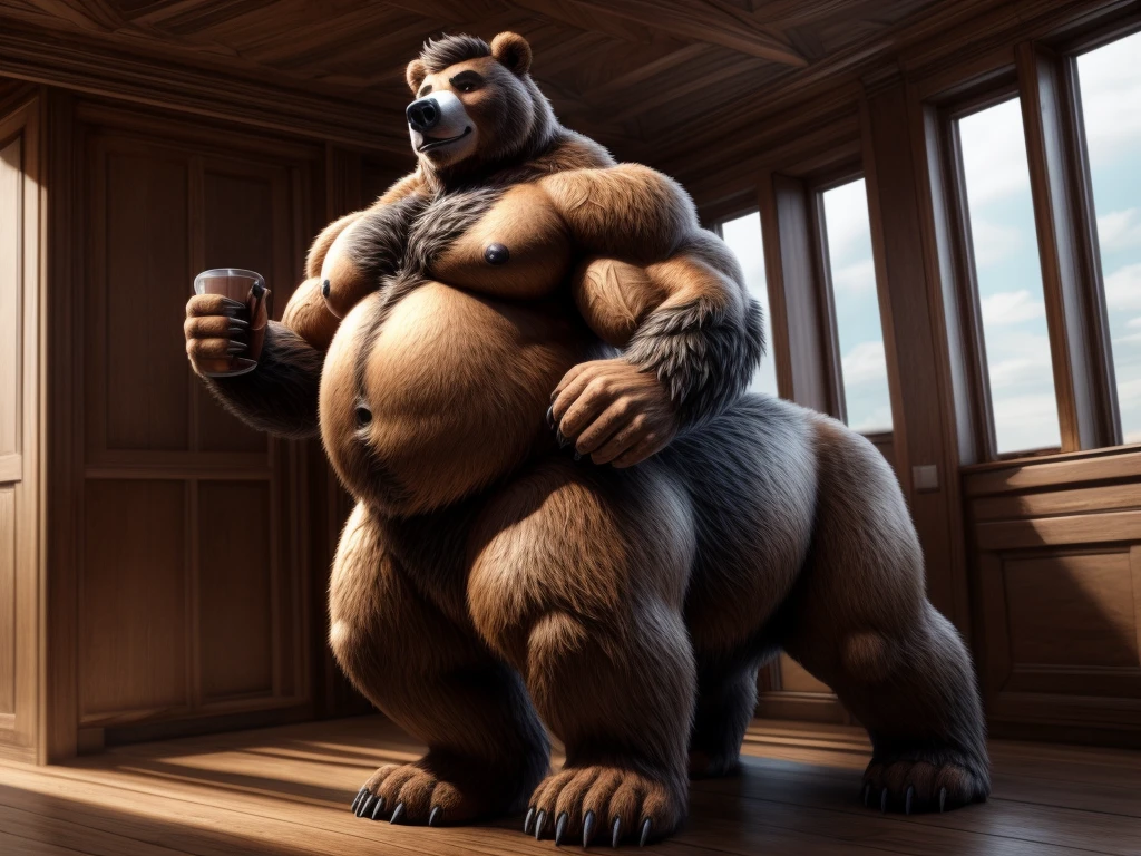 furry, fur taur, huge grizzly bear, beartaur, middle-age, solo,1man, detailed face, bear ears, bear eyes(green), bear nose(black), bear mouth, garibaldi beard(grey), hair, mature hair(grey), detailed arm, thick arm, forearm hair, muscular, thick hands(5 fingers), thick claws, detailed body belly, thick body, brown skin, muscle belly(white), thick chest, chest hair(white), nipples, detailed taur body, thick taur body, waist hair, thick bear paws, bear paws hair, thick bear claws, thick bear tail, bear tail, full body shot, standing in the ship