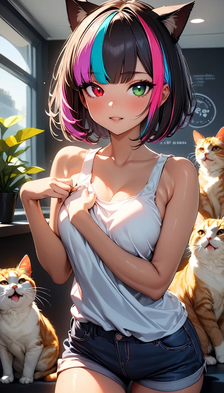 (highest quality:1.2, Very detailed, up to date, Vibrant, Ultra-high resolution, High Contrast, masterpiece:1.2, highest quality, Best aesthetics), Portraiture、girl、solo, (25-years-old:1), (slim:1), heterrochromia, green eye, red eye, Bright color, (Cat ears), tank top, tiger pattern, short pants, (cat pose:1), Beautiful fine details、Beautiful lip detail、extra short hair, ((bob cut:1.5))、pink and purple, ((streaked hair:1.9)), (highlights hair: 1.6), (medium breast:0.5), (tan skin:0.5), ((cat cafe, many cats in background:1)), cowboy shot:1.3,