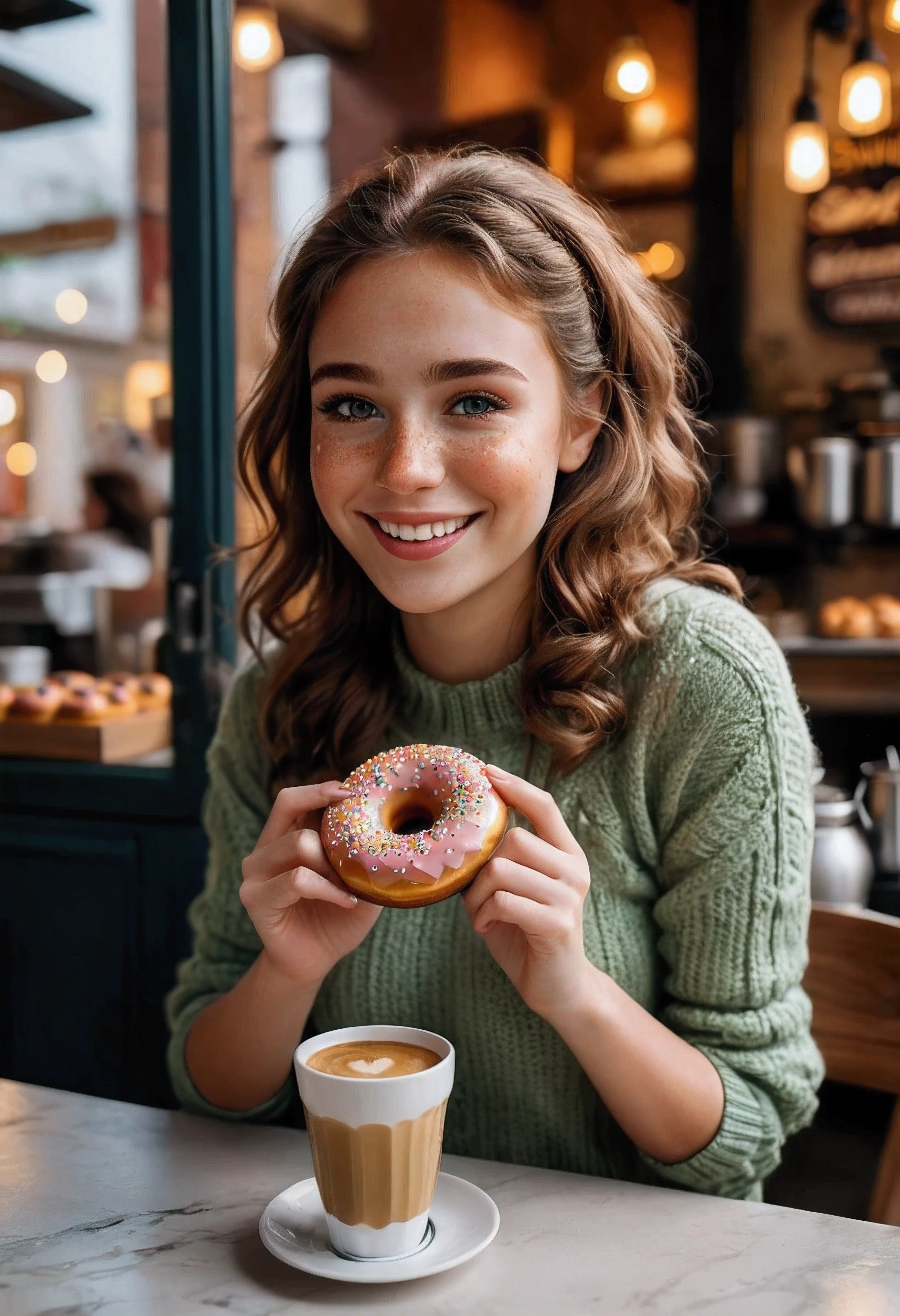 Create a stunning, ultra-high-definition image in 16K resolution that captures the cheerful and cozy atmosphere of a modern donut cafe with a realistic photo aesthetic. | Visualize a beautiful female with cute freckles and vibrant red hair, embodying both charm and joy. She has warm, expressive green eyes and a natural beauty that shines through her radiant smile. She is dressed in stylish casual attire, featuring a light sweater, jeans, and comfortable shoes. Her outfit should blend casual elements with subtle contemporary touches. | The scene is set in a bright and inviting cafe with a display of assorted donuts, a coffee machine, and comfortable seating. The walls are painted in warm, pastel colors, and the environment exudes a sense of relaxation and happiness. | Capture the woman in a dynamic yet relaxed pose, perhaps with one hand holding a coffee cup and the other resting on the table, as she laughs heartily. Her expression should convey pure joy and contentment, with a hint of playfulness. The camera angle should emphasize her full body, highlighting the details of her outfit and the bitten donut on the table. | The overall ambiance should integrate warm colors and rich details, creating a sense of depth and immersion in this delightful cafe setting. Ensure anatomical correctness, with a focus on ultra-detailed textures and high-quality rendering, capturing every nuance of the woman's appearance and her joyful surroundings. This masterpiece should embody the spirit of happiness and enjoyment, immersing viewers in its lifelike depiction. | Keywords: (beautiful laughing female:1.3), ((bitten donut):1.2), ((realistic photo)), ((cute freckles):1.2), ((modern donut cafe)), ((joyful pose)).