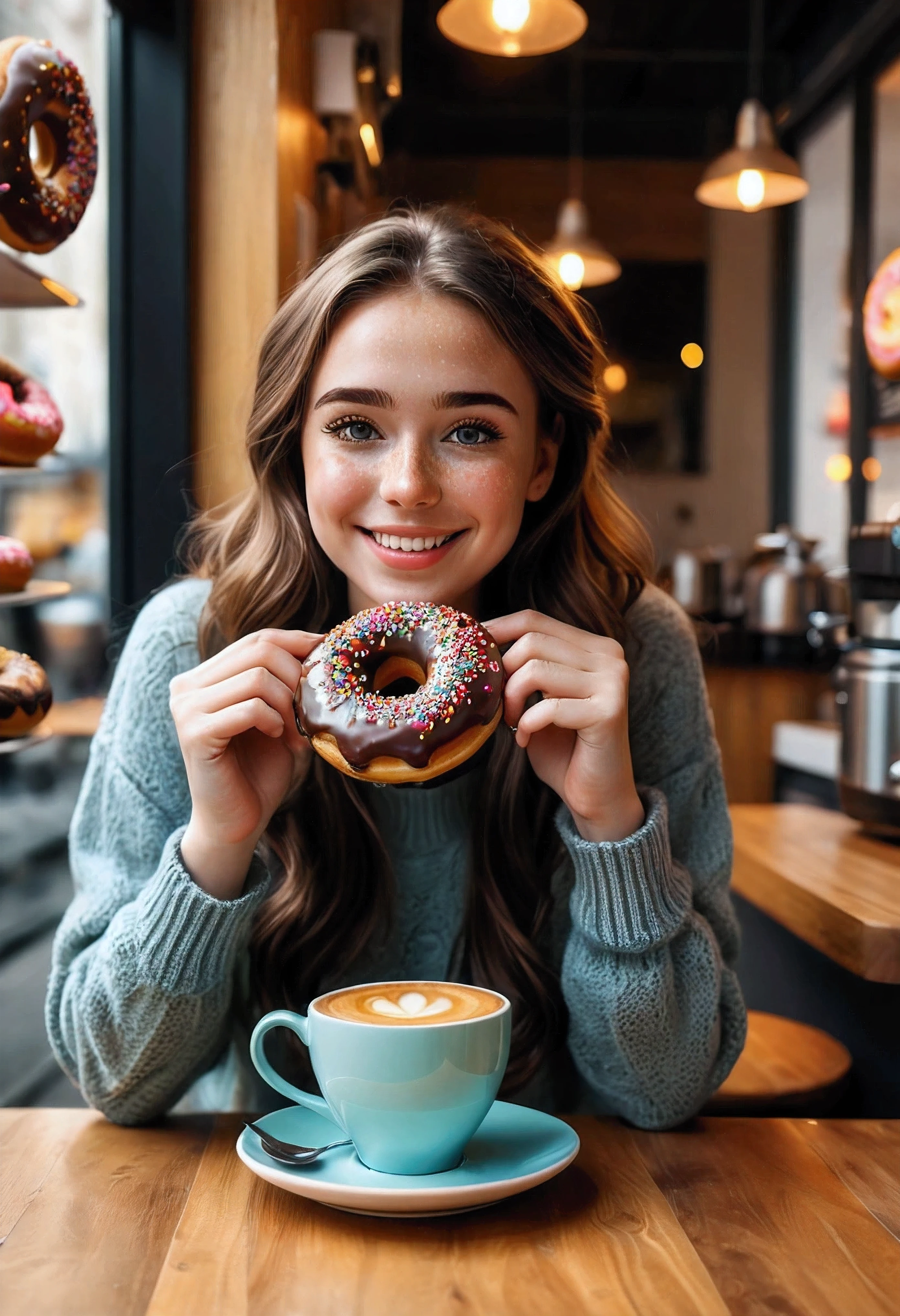 Create a stunning, ultra-high-definition image in 16K resolution that captures the cheerful and cozy atmosphere of a modern donut cafe with a realistic photo aesthetic. | Visualize a beautiful female with cute freckles and vibrant red hair, embodying both charm and joy. She has warm, expressive green eyes and a natural beauty that shines through her radiant smile. She is dressed in stylish casual attire, featuring a light sweater, jeans, and comfortable shoes. Her outfit should blend casual elements with subtle contemporary touches. | The scene is set in a bright and inviting cafe with a display of assorted donuts, a coffee machine, and comfortable seating. The walls are painted in warm, pastel colors, and the environment exudes a sense of relaxation and happiness. | Capture the woman in a dynamic yet relaxed pose, perhaps with one hand holding a coffee cup and the other resting on the table, as she laughs heartily. Her expression should convey pure joy and contentment, with a hint of playfulness. The camera angle should emphasize her full body, highlighting the details of her outfit and the bitten donut on the table. | The overall ambiance should integrate warm colors and rich details, creating a sense of depth and immersion in this delightful cafe setting. Ensure anatomical correctness, with a focus on ultra-detailed textures and high-quality rendering, capturing every nuance of the woman's appearance and her joyful surroundings. This masterpiece should embody the spirit of happiness and enjoyment, immersing viewers in its lifelike depiction. | Keywords: (beautiful laughing female:1.3), ((bitten donut):1.2), ((realistic photo)), ((cute freckles):1.2), ((modern donut cafe)), ((joyful pose)).