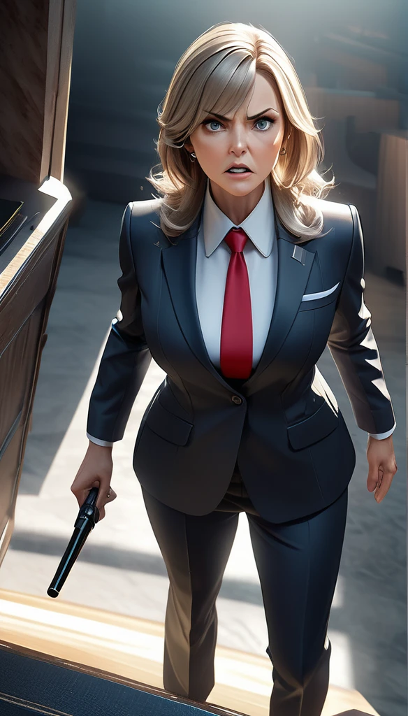 a mature female lawyer in a strict business suit scolding a scruffy-looking defendant, her piercing gaze filled with righteous anger as she points an accusatory finger, the defendant shrinking back in fear, the lawyer determined to prove their guilt with overwhelming evidence, highly detailed 3D CGI octane rendering, photorealistic, cinematic lighting, dramatic camera angle from below, masterpiece, best quality, 8k, ultra-detailed, extremely sharp focus, vivid colors, physically-based rendering, professional illustration