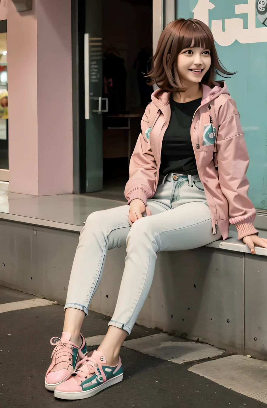 Chiaki Nanami in casual clothes at the shopping mall, Pink Short Hair, Pink Eyes, fringe, Teal hooded jacket, smile、Looking into the camera, 20-year-old girl, , Olive green blouse, Skinny jeans、sneakers、,chiaki nanami, Nanami Chiaki