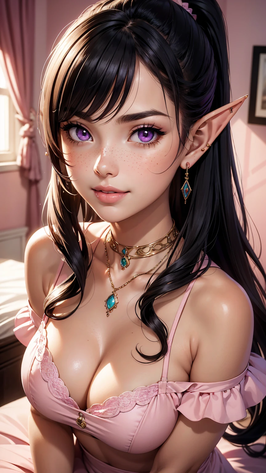 ((Best quality)), ((masterpiece)), (detailed: 1.3)

Beautiful woman, one girl, very detailed eyes, very detailed hair, very detailed clothes, very detailed face.

((Purple eyes)), ((black hair, ponytail hairstyle, wavy hair, long bangs)), ((elf ears)), earrings, piercing, tanned skin, ((pink short dress, off shoulders)), large breasts, cleavage, open clothes, thick ass, choker, necklace, beautiful eyelashes, sultry eyes, juicy lips, soft blush, smooth skin, freckles, natural eyebrows, smiling.

Posing sexily, provocative, looking at viewer, in love with viewer, cinema lighting, sitting, bedroom, pink walls.