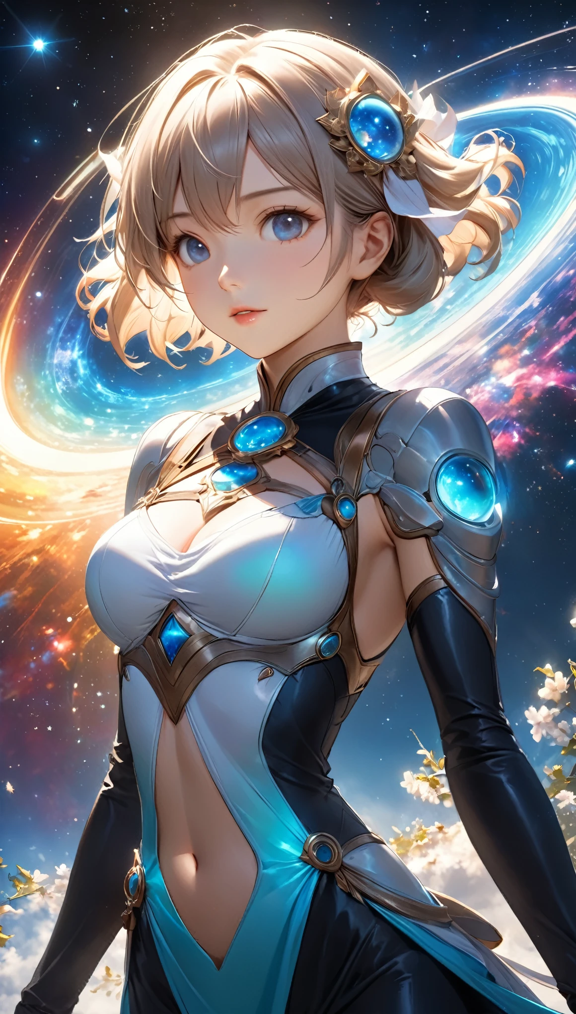 Highest quality,Highest Resolution,A beautiful girl from the future in space,Earth in the background,Milky Way,