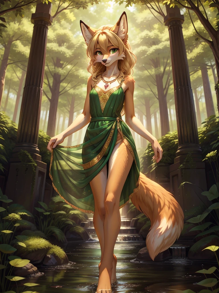 beautiful, (masterpiece), high quality, perfect lighting, Highly detailed CG Unity 8k wallpaper, High resolution, perfect lighting, youthful, adolescent, tall, slim, skinny, frail slender figure, slim legs, distinctly feminine figure, narrow hips, long legs, medium plump , A beautiful fox-girl, with long, luxurious blonde fur that shines in the sunlight. Her hair is wavy and voluminous, with streaks of caramel brown running through it. Her eyes are a striking emerald green, and her expression is one of quiet confidence. She wears a flowing dress made offt, patterned translucent fabric that showcases her elegant curves. and around her neck is a delicate gold necklace with a single sparkling gemstone.
She stands legs apart, hips bent heroic pose in front of a lush, green forest, the leaves rustling in the breeze.