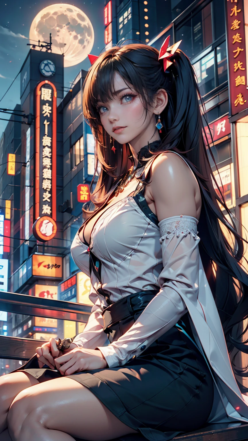 (masterpiece, Highest quality;1.3), Very detailed ,Super detailed, One girl,alone, Twin tails, Large Breasts, Wicked Smile, Gundam(rx78), sf, Mecha, , Blue Hair, alone, hair ornaments, Long Hair, Twin tails, Golden Eyes, jewelry, Earrings, View your viewers,Shinjuku City Background,night, Lots of neon signs, Moon base, Detailed dress, Micro Mini Skirt, From below, Sitting,, Bust Shot