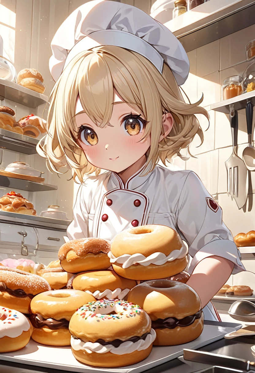 
            Cute and charming pastry chef little girl in front of kitchen with rich pastry utensils (extremely delicate and beautiful), Close-up of bright beige hair anime character wearing white chef uniform and gorgeous chef hat is about to try donuts cute and charming

                                       ( perfect anatomy )Complex patterns light and shadow soft highly detailed structures digital art, high detail, High quality animation style
