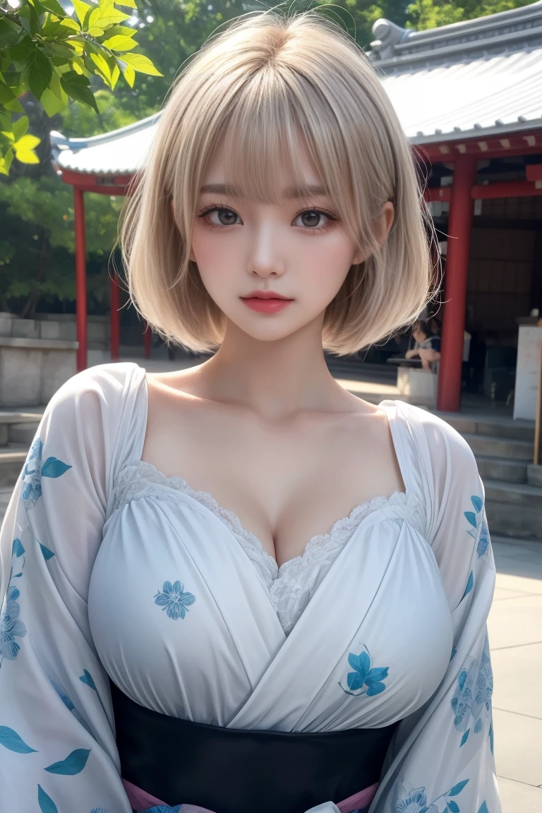 reflected light、Platinum blonde hair with dazzling highlights、Shiny Hair、beautiful shiny bangs、bright, clear, Charm, large blue eye、A very beautiful, adorable and cute  girl.、Ample Bust、Beautiful detailed eye、 Beautifully detailed nose,((whole body:1.5)),eyeを強調するメイク、Scattered beneath the surface、Glamorous details、Nature background、Super huge breasts、((Cinematic))、(Loose and fluffy perm:1.4)、1 girl、((Bob Hair:1.3))、超Genuineな8K CG、絵に描いたようなperfectionなperfectionな顔、perfection、clean、masterpiece、Professional artwork、 Famous works of art、perfectionな顔、Beautiful Face、美しいeyeのない女性の体))、alone、(Immersive atmosphere、Claire Obscure:1.5、bright light:1.2、bright lighting)、(blush:0.5)、Captivating look、Very detailed_eye、Beautifully detailed backgrounds、Written boundary depth、Genuine:1.3、Long Shot、whole body、(Zhou Haoguang:1.3)、(Cinematic composition:1.3)、(Puffy eye:1.2)、(Slim legs)、(Light on face and chest)、(((((Underbust)))))、Under the chest、Oily skin、thin、 Mature Woman、Light blue hair、((bright灰色の髪))、(((Two-tone hair)))、Slender women、Cute Woman、 8K Ultra HD,Detailed face、Delicate texture, Long Hair、(Yukata style)、(Enjoy the festival)、(Festival Venue)、stall、Mask、(キツネのMaskを左側頭部に付ける)、Yo-yo、Cotton candy、(Cotton candyを食べる)、(Wear a Japan yukata)、At dusk