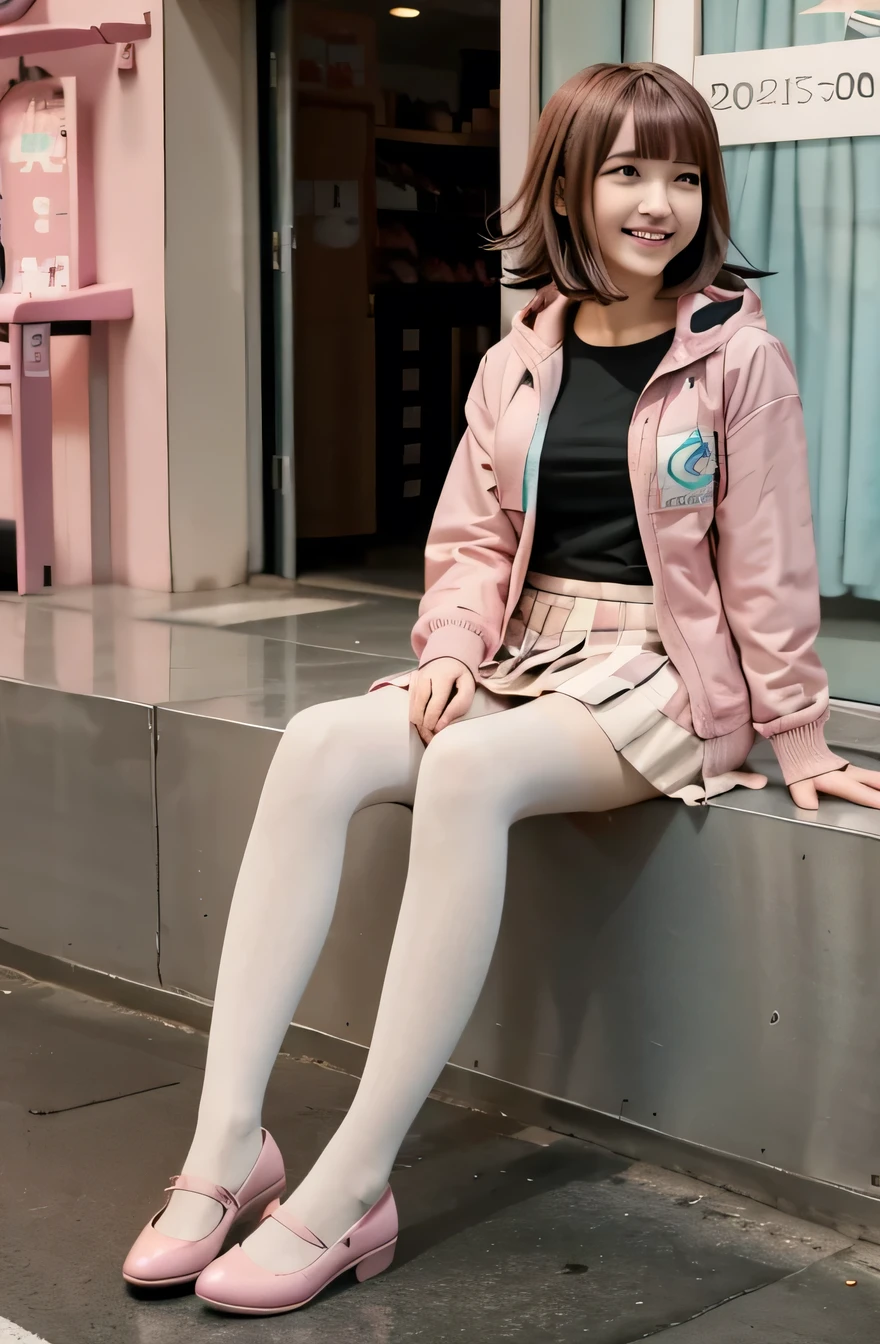 Chiaki Nanami in casual clothes at the shopping mall, Pink Short Hair, Pink Eyes, fringe, Teal hooded jacket, smile、Looking into the camera, 20-year-old girl, , Olive green blouse, Knee-length skirt、tights、pumps、,chiaki nanami, Nanami Chiaki