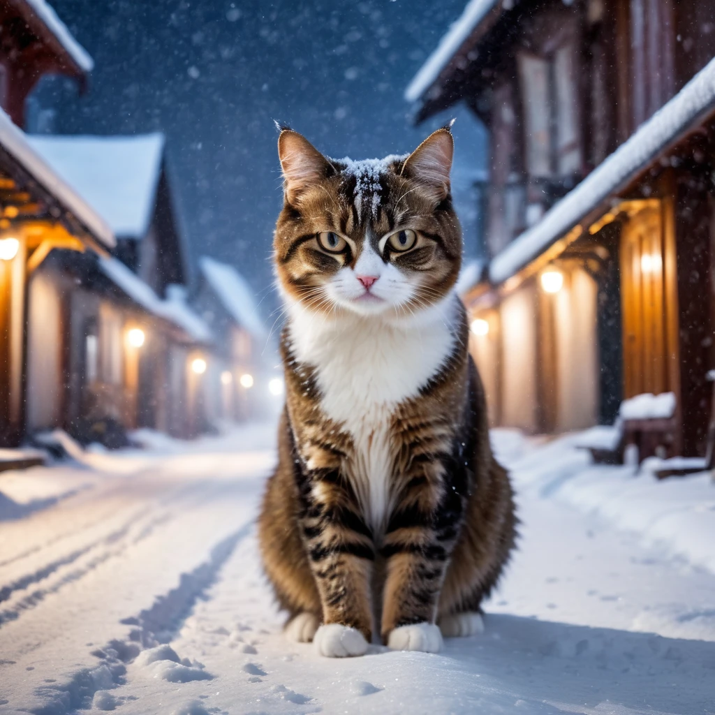 glamour shot of Angry Cat in the middle of a snow covered village street, masterpiece, Highest quality, Angry Cat, winter, night, Heavy snowfall, Snowstorm