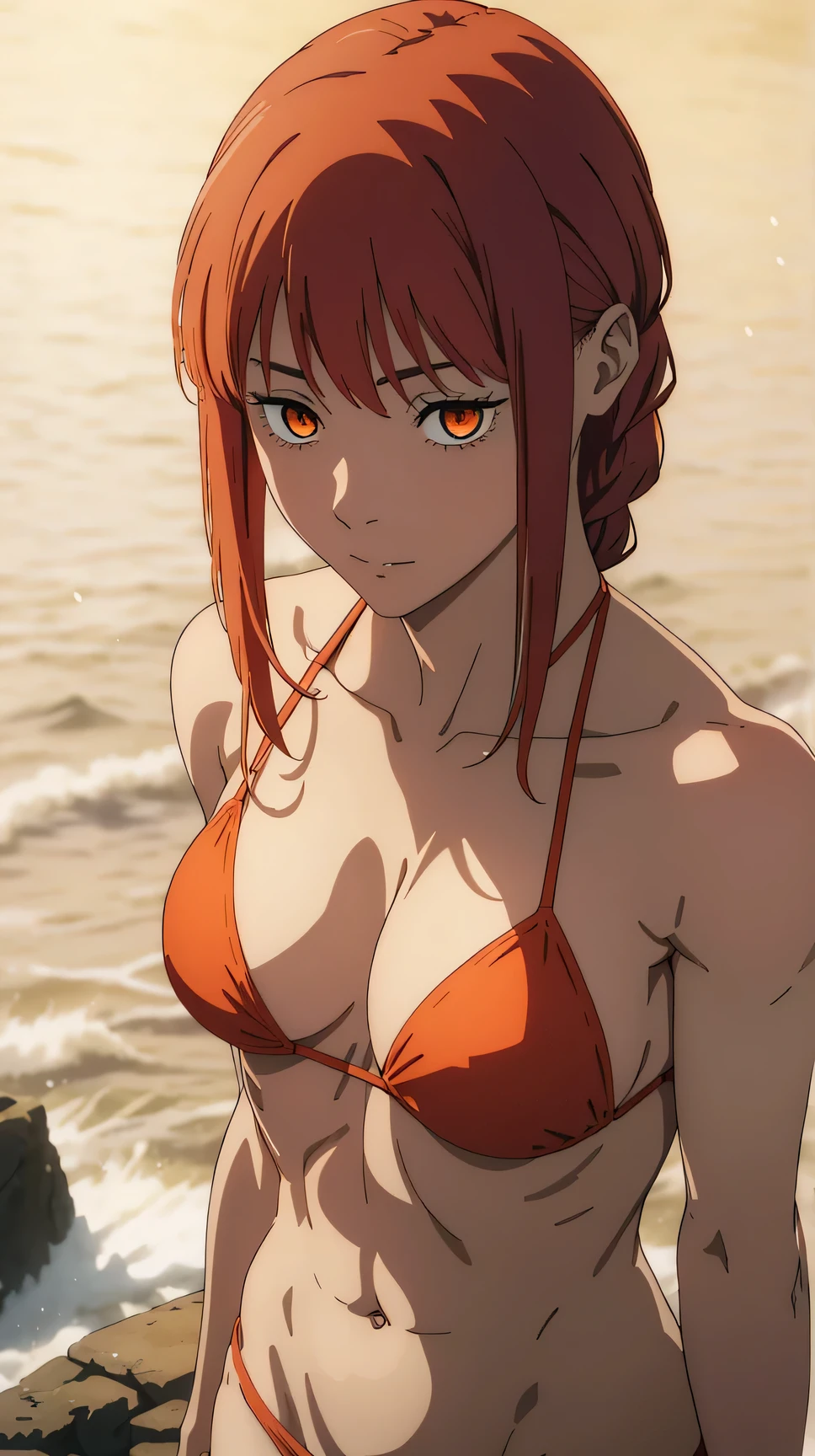 Makima , standing , ((red bikini)) ,medium breast , slightly , (orange eyes ) , ((sixpacks abbs)) , a loose braid with bangs reaching just past her eyebrows and two longer side bangs that frame her face , japanese background , 4k ultra high quality , soft colors , upper body ,