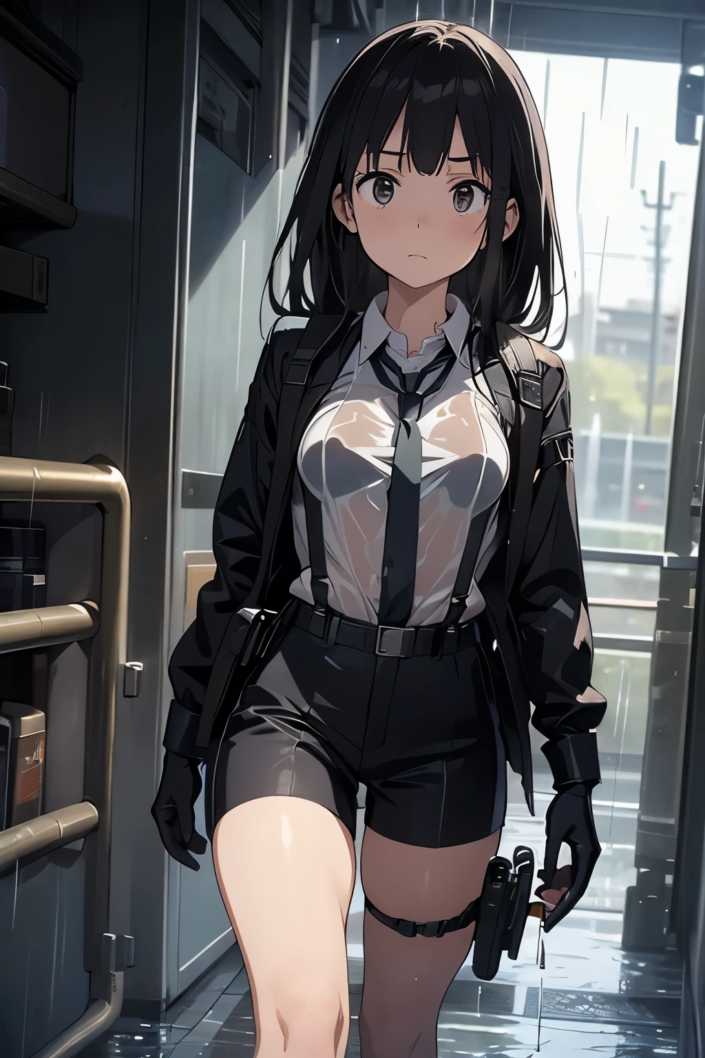 1 female, , high quality, masterpiece, Ultra-high resolution, , Cinema Lighting, , , And the suspenders with the cranes flying Large Breasts Small face holster Lying in bed Looking up Sweat belt summer 脇Sweat Black Hole Gloves suit shirt Black jacket Black trousers Leg Links ズボンにbelt holster Hands behind your back Anxious expression Looking up Anxious face, legs apart Armament Cable ties レッグholster holster See-through clothing heavy rain Getting wet in the rain