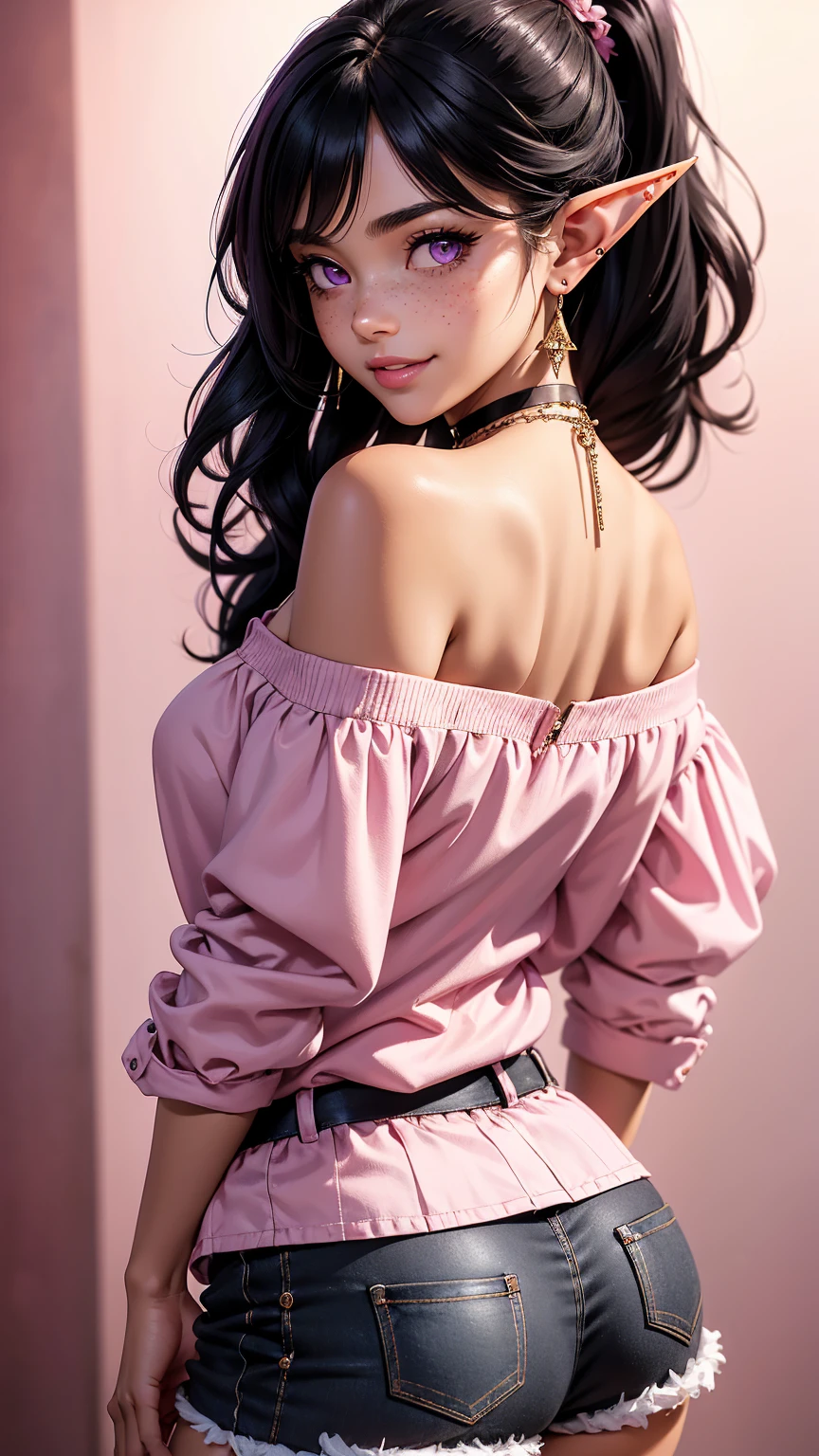 ((Best quality)), ((masterpiece)), (detailed: 1.3)
Beautiful woman, one girl, very detailed eyes, very detailed hair, very detailed clothes, very detailed face.
((Purple eyes)), ((black hair, ponytail hairstyle, wavy hair, long bangs)), ((elf ears)), earrings, piercing, tanned skin, ((pink short shirt, off shoulders, pink shorts)), large breasts, cleavage, open clothes, thick ass, choker, necklace, beautiful eyelashes, sultry eyes, juicy lips, soft blush, smooth skin, freckles, natural eyebrows, smiling.
Posing sexily, provocative, looking at viewer, in love with viewer, cinema lighting, standing, ((posing with back at viewer)), pink walls.