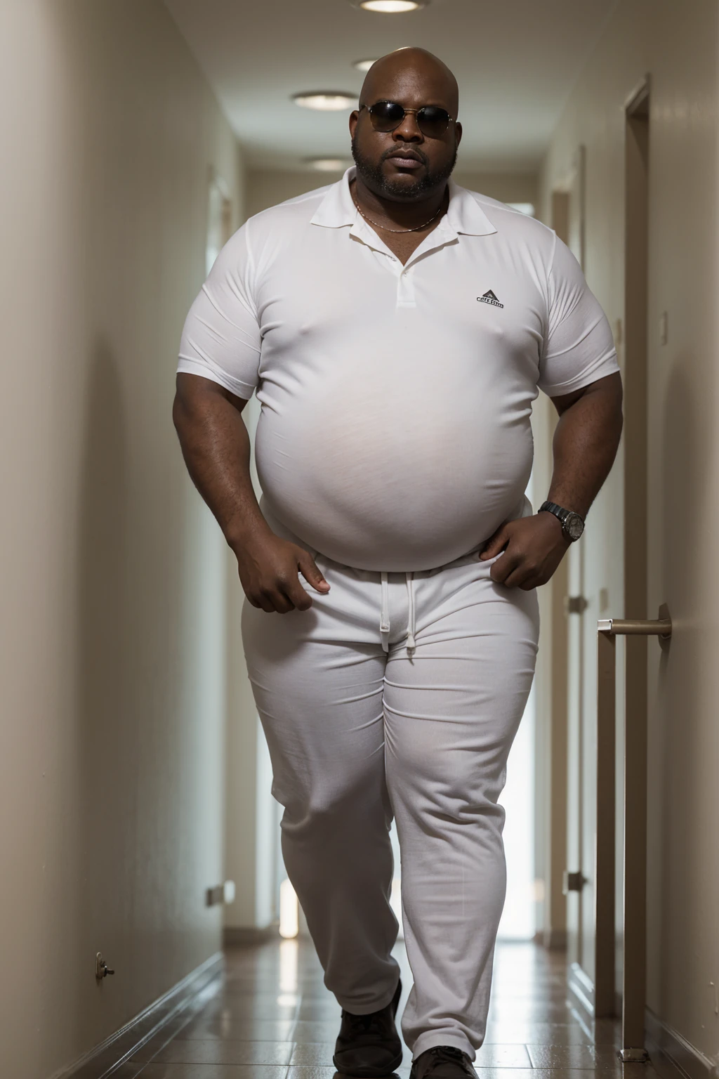 (8K Graphic Art) (bottom of a narrow hallway) sexy: A single bald African man without hair, obese, serious, 40 year old grumpy 35 meter tall bodyguard, corpulento de barriga con una forma redonda con un cuerpo obese completo, wearing a white uniform shirt, Long pants, sunglasses, with his arms supporting his stomach 