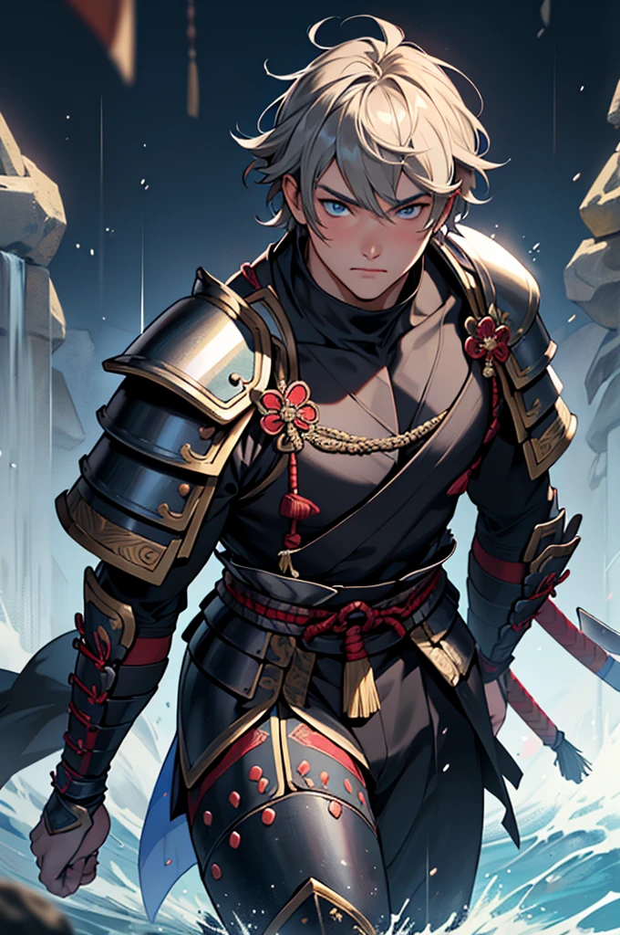(((32ｋ,High detail,High definition、masterpiece,Attention to detail,Whole Body Ezbian,solo,１male))),RAW Photos & Realistic atmosphere,Beautiful dark blue eyes,Mouth details,Fine eyebrows,Shine in every detail,Detailed drawn eyes、Very beautiful eyes with blue pupils,Detailed lips、Infinite Reality, ,Brave samurai of the Sengoku period, Bulky１7歳のBeautiful Boy,Samurai of the Sengoku period of Japan,My whole body is wet,Dripping,Blushing,very beautiful１A beautiful 7-year-old Sengoku samurai boy,（like々Shi,Sharp eyes,Serious beautiful look,Armor from the Sengoku Period武士,Sengoku Armor,Armor from the Sengoku Period,Black shiny hair,Unemployed,Show your whole body,Crisp armor with great detail,Beautiful luxurious Sengoku Armor,Armoured pockets,body,Small hands,Sandals,shoulder to shoulder,Sengoku Warlords,Strongly influenced by Akechi Mitsuhide,Beautiful Boy：1.8）