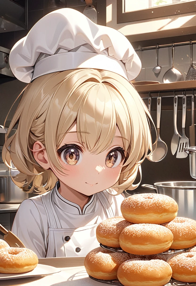 Cute and charming pastry chef in front of kitchen with rich pastry utensils (extremely delicate and beautiful), Close-up of bright beige hair anime character wearing white chef uniform and gorgeous chef hat is about to try donuts cute and charming
( perfect anatomy )Complex patterns light and shadow soft highly detailed structures digital art, high detail, High quality animation style