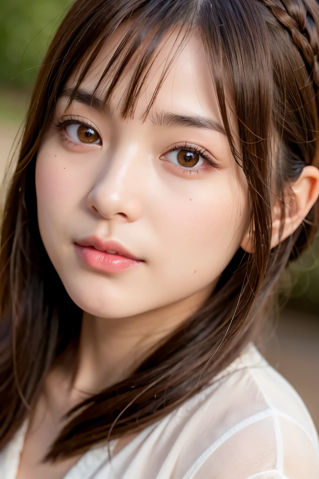 likeい日本人女性, Beautiful attention to detail、Small, human-like eyes, Beautiful lip detail, Very detailed目と顔, Long eyelashes, Mature Expressions, Sensual lips, A friendly presence, bangs, Big eyes, Natural Attitude, Complicated hairstyle, Brown Hair, 24-years-old, like々New Appearance, Delicate facial features, Warm lighting, Clear Focus, Cinematic camera angles, Realistic, Very detailed, Vibrant colors, masterpiece, 8k, Highest quality Human-like, realistic skin、
