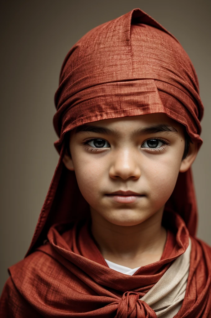 Create a image that A boy has a red cloth tied around his head and face