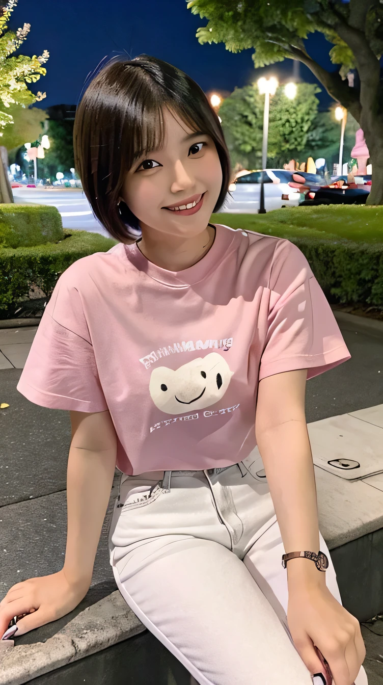 25 year old Filipino woman wearing a pink t-shirt, white jeans and sneakers。Short Haircut、smile、Ear piercing、The background is night and a park。.