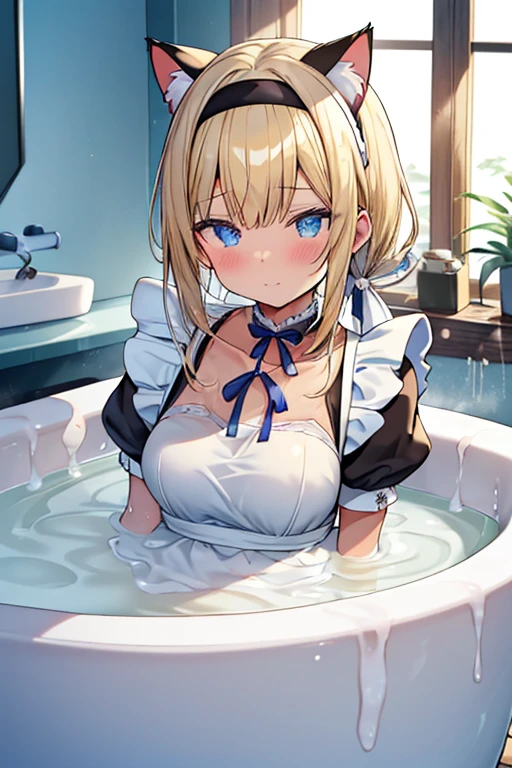 (Ultra high quality:1.6), (Highest quality:1.6), (Attention to detail:1.6), (Ultra-high resolution:1.6), (Detailed face:1.6), (Perfect Face:1,6), (Beautiful Eyes:1,6), (Detailed eyes:1.6), (Maid clothes, White apron, Headband, Black Dress, Blue ribbon, Maid clothes, Classic, Small breasts, Long:1.4), (白と黒のMaid clothes:1.6), (Blonde, Blue Eyes, Cat ear:1.5), cute, The best smile, Soaking wet, (Water droplets all over the body:1.4), (全身White foamまみれ:1.4), (Swimming in clothes, bathing, Bathroom, Longの浴槽:1.6), (relax, Relax in the bathtub:1.6), (Bubble bath:1.4, White foam:1.4), (Maid clothesのまま浴槽へ:1.4), 衣服にもWhite foam, (Soak in hot water up to your chest:1.6), (Deep hot water:1.4), shampoo, Body Soap, Wash your body with your clothes on, 