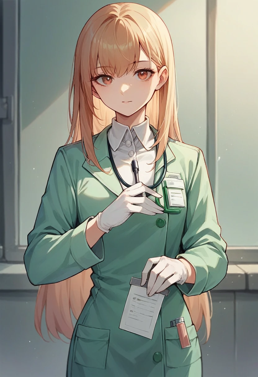 1girl, bangs, long hair, ((white surgical gloves)), ((((long sleeves)))), looking at viewer, ((green doctor outfit)), standing, solo