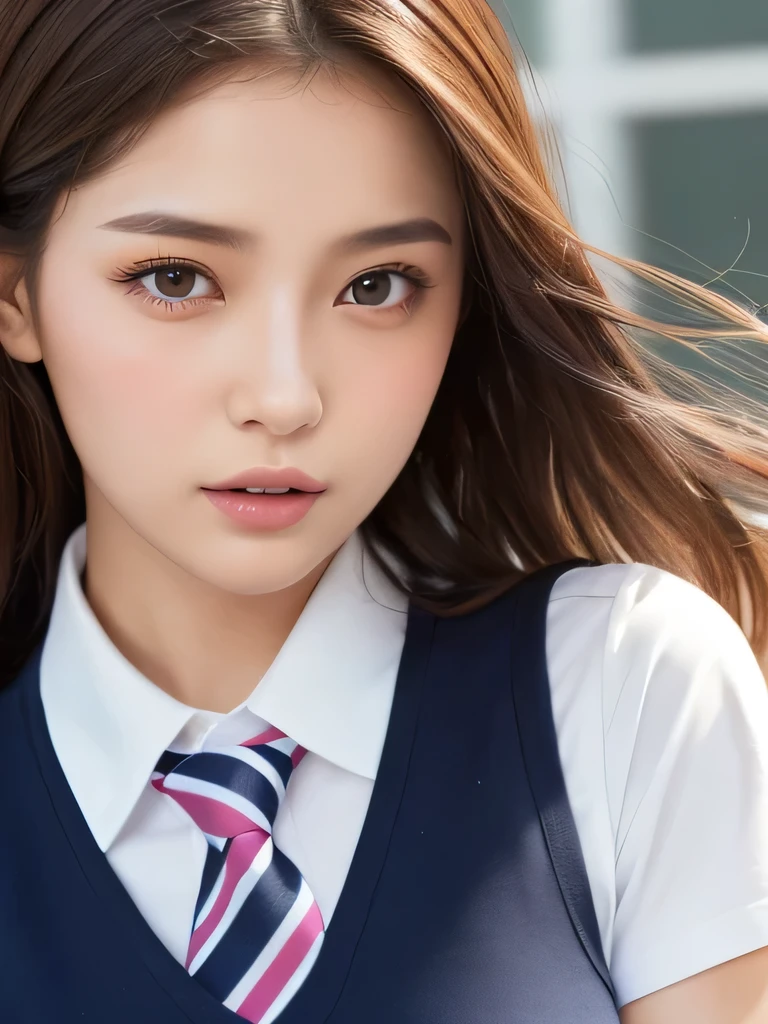(Tabletop:1.4, Photorealistic:1.4, 8k), Highest quality, masterpiece, Ultra-high resolution, Perfect dynamic composition, Big Face、Round face、((Light brown hair, Long Hair, Curly Hair))、Highly detailed skin and facial textures:1.3, Limb details, 1 girl, Cute sexy 22 year old woman, (Sunburn:1.0), ((Totally captivates you:0.9)), ((school uniform, White collar short sleeve shirt, Striped tie)),Mid-chest, (Distant eyes, Beautiful Eyes, Brown eyes、Beautiful erotic eyes:0.85), Sexy Face:0.4, (Mouth closed、Small Mouth、Thick lips、A taste of beautiful eroticism:0.85), ((Too cute beauty:0.9))、Gal Makeup、((Extreme close up))