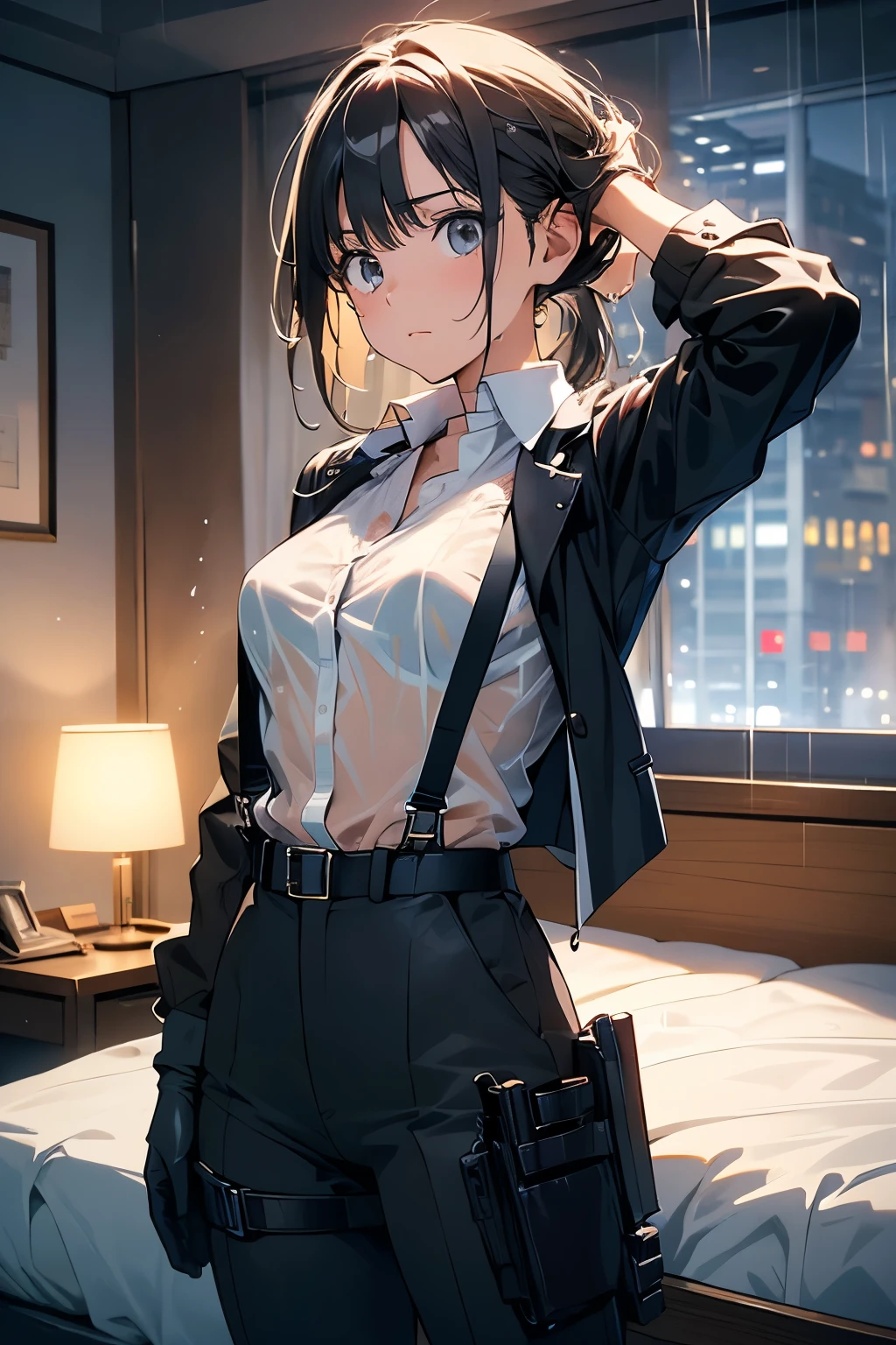 1 female, , high quality, masterpiece, Ultra-high resolution, , Cinema Lighting, , , And the suspenders with the cranes flying Large Breasts Small face holster Lying in bed Looking up Sweat belt summer 脇Sweat Black Hole Gloves suit shirt Black jacket Black trousers Leg Links ズボンにbelt holster Hands behind your back Anxious expression Looking up Anxious face, legs apart Armament Cable ties レッグholster holster See-through clothing heavy rain Getting wet in the rain