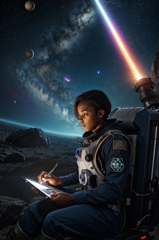 Draw a young  Kenyan paramedic with combat medic female,  sitting on a research platform floating in the middle of an asteroid belt. He is studying with a notebook, surrounded by several asteroids glowing with fiery auras while she is adjusting a portal radio call system connected to a tablet device. Dramatic lighting from distant stars and planets illuminates the scene, casting deep shadows on the suit. They look confident and determined, looking at the vast and mysterious universe with wonder and respect,facial hair, cowboy shot,