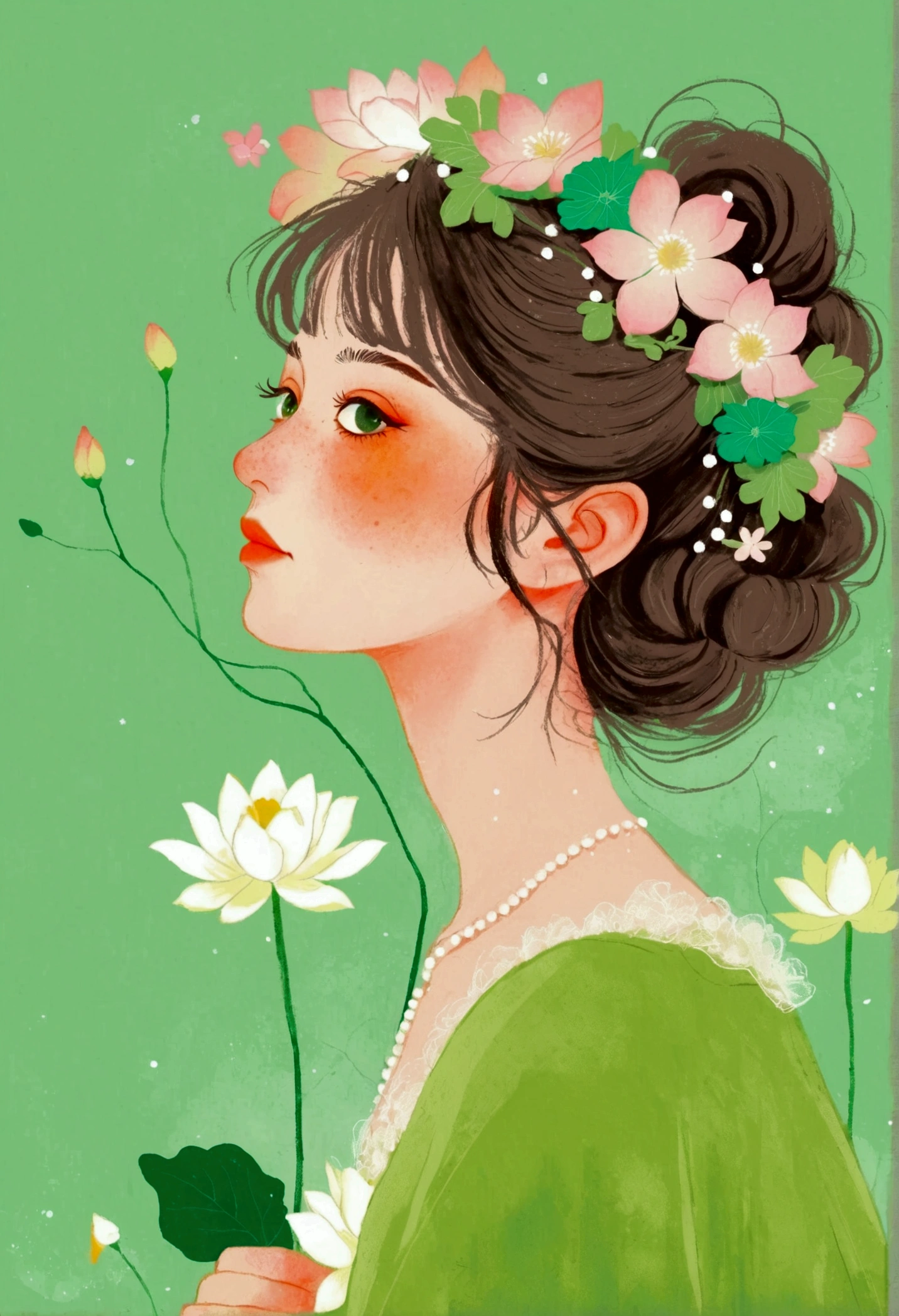 A woman in a green dress、Cartoon of a woman wearing flowers, Girl with a wreath, Lotus flower crown girl, She wore a crown of flowers, Lovely art style, Lo-Fi Girl, Tranquility illustration, Pastel anime illustration, Flower Goddess, Illustration line art style, Popular trends on artstration, Anime Girl Profile, Digital illustration style