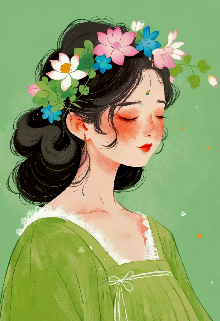 A woman in a green dress、Cartoon of a woman wearing flowers, Girl with a wreath, Lotus flower crown girl, She wore a crown of flowers, Lovely art style, Lo-Fi Girl, Tranquility illustration, Pastel anime illustration, Flower Goddess, Illustration line art style, Popular trends on artstration, Anime Girl Profile, Digital illustration style